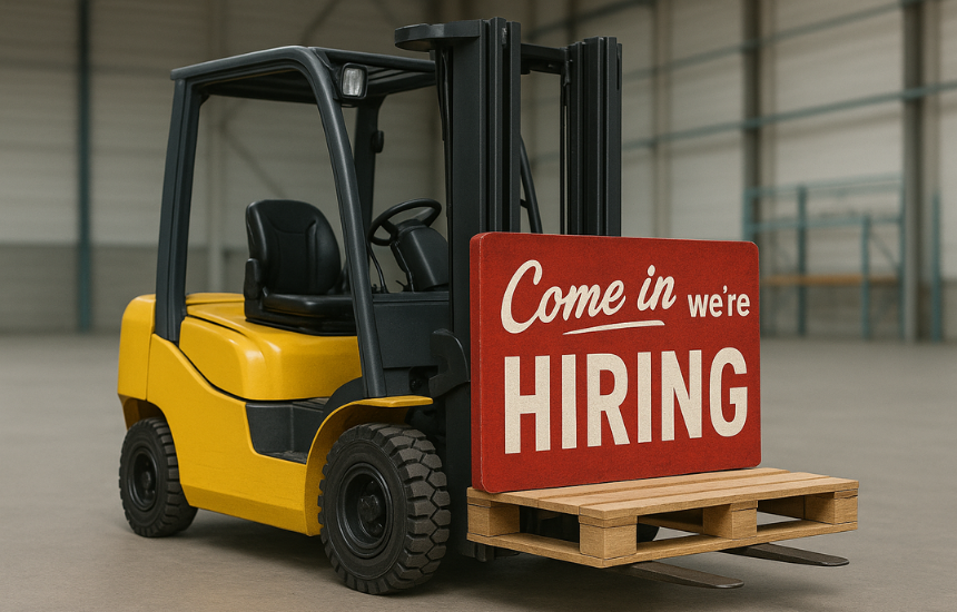 Gabelstapler mit rotem Schild „Come in, we’re hiring“ in moderner Logistikhalle – Hero-Bild der CARGOMETER Karriereseite.